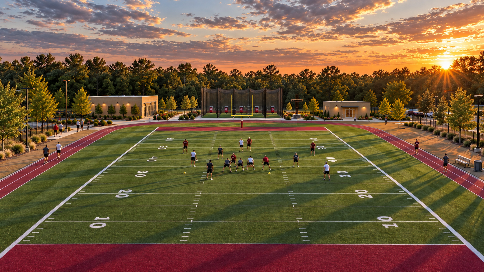 The envisioned Eagles Training Center at sunset, featuring a turf field, 400-meter practice track, and training facilities